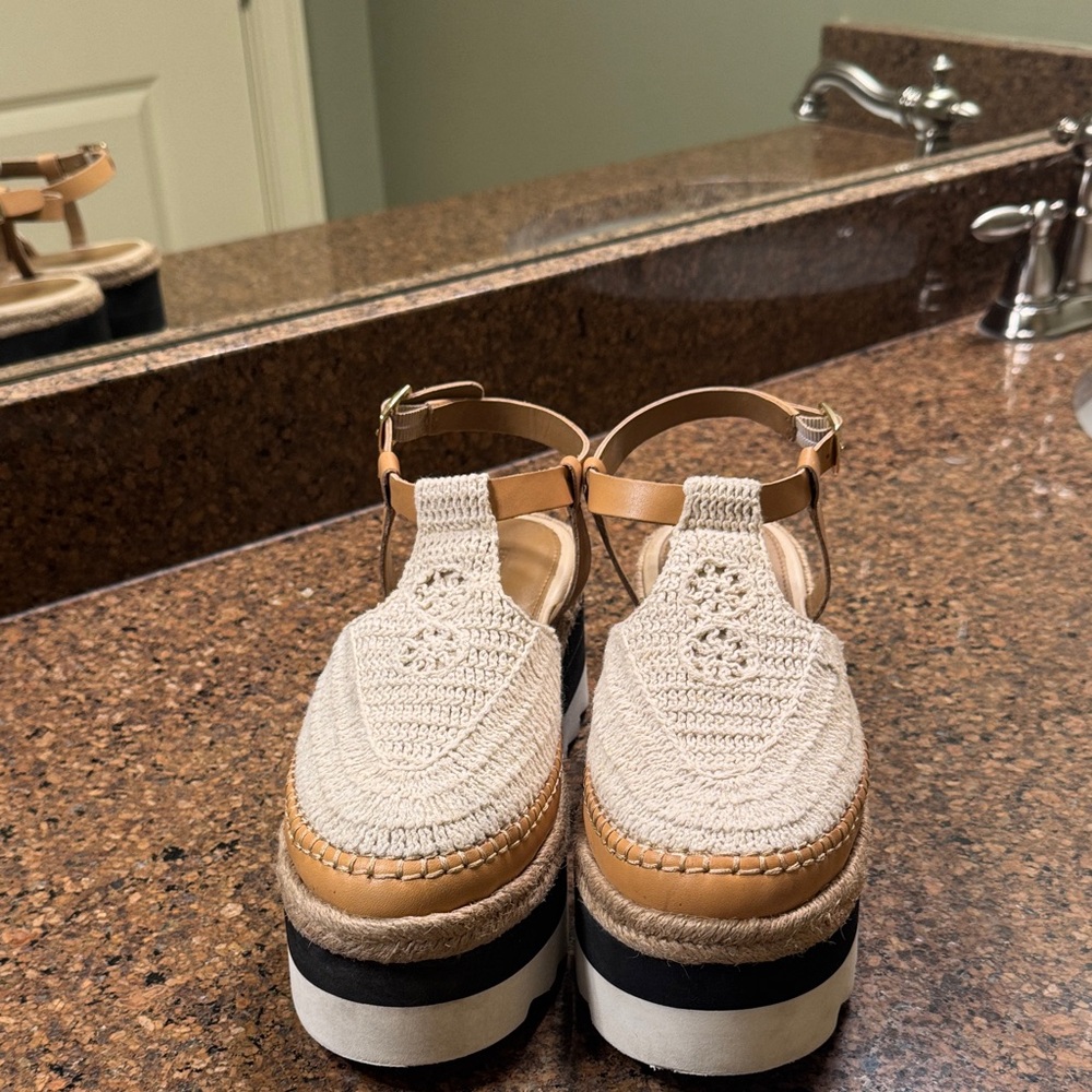 Free People Cream and Tan Crochet Espadrille Platforms